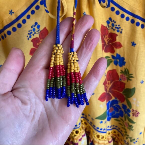 NEW FARM Rio Floral Yard Yellow Maxi Dress Embroidered Eyelet Beaded Tassel XS/S - Picture 11 of 16